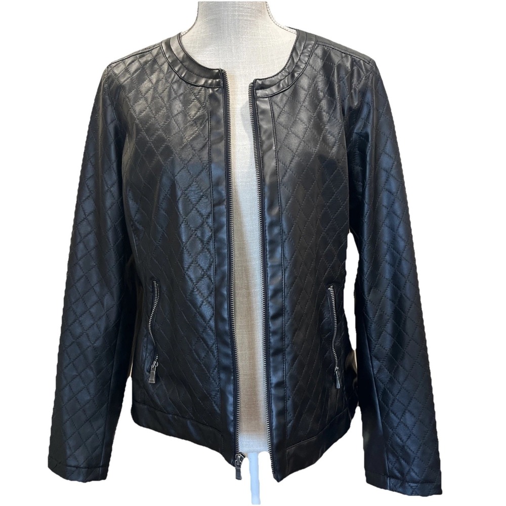 Dana Buchman Black Faux Leather Jacket Womens Medium Quilted Zip Front Moto Coat